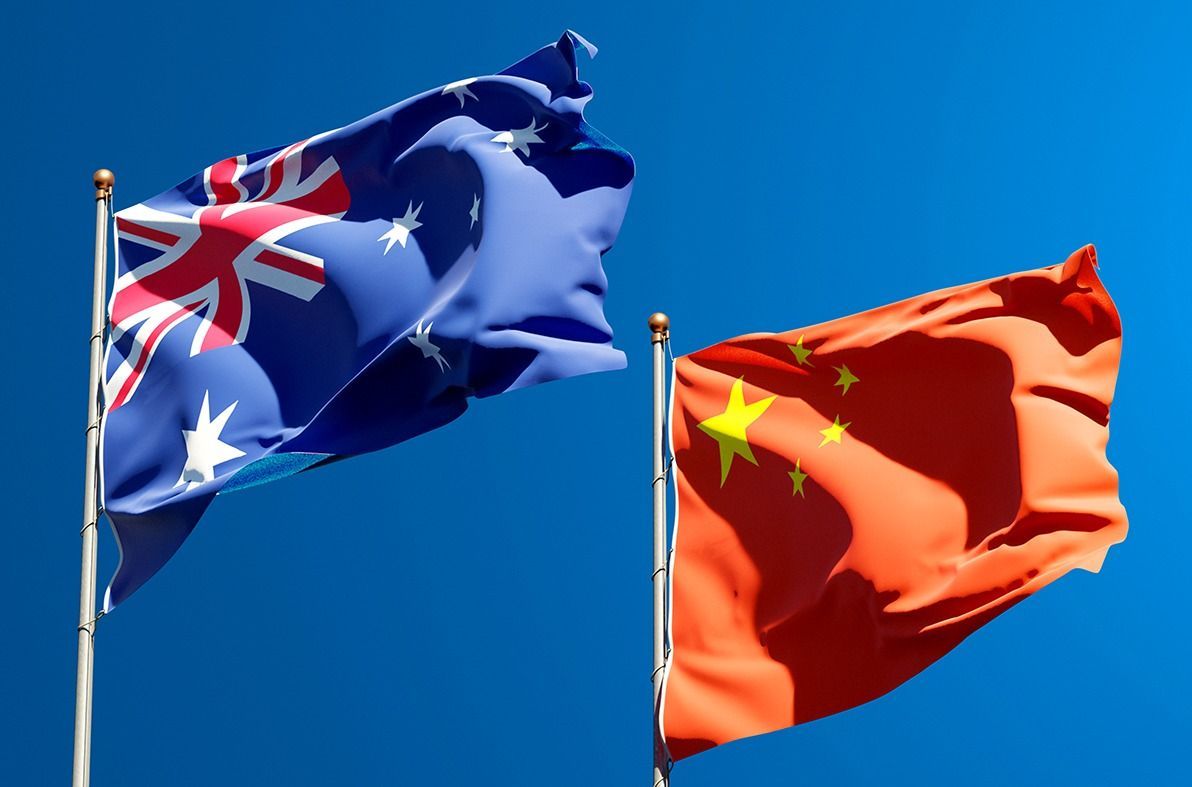 Beautiful,National,State,Flags,Of,China,And,Australia,Together,At Beautiful national state flags of China and Australia together at the sky background. 3D artwork concept.
