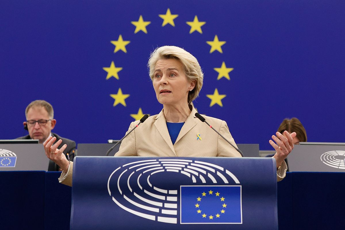 EU Parliament plenary session
epa10467684 European Commission President Ursula von der Leyen gives a statement on ‘One year of Russia’s invasion and war of aggression against Ukraine’ at the European Parliament in Strasbourg, France, 15 February 2023.  EPA/JULIEN WARNAND epa10467684 European Commission President Ursula von der Leyen gives a statement on ‘One year of Russia’s invasion and war of aggression against Ukraine’ at the European Parliament in Strasbourg, France, 15 February 2023.  EPA/JULIEN WARNAND