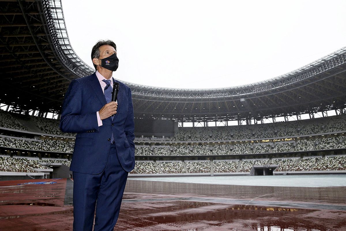 World Athletics Chief at National Stadium in Tokyo Sebastian Coe, President of the World Athletics inspects the National Stadium for the Tokyo 2020 Olympic and Paralympic Games in Shinjyuku Ward, Tokyo on Oct. 8, 2020. Coe said that the 2020 Olympic Games will be safely held and prepare to make the utmost nrecaution against Covid-19. The World Athletics chief commented on atlhletes' right to protest against poplitical issue and he supports the the right.   ( The Yomiuri Shimbun ) (Photo by Pool for Yomiuri / Yomiuri / The Yomiuri Shimbun via AFP)