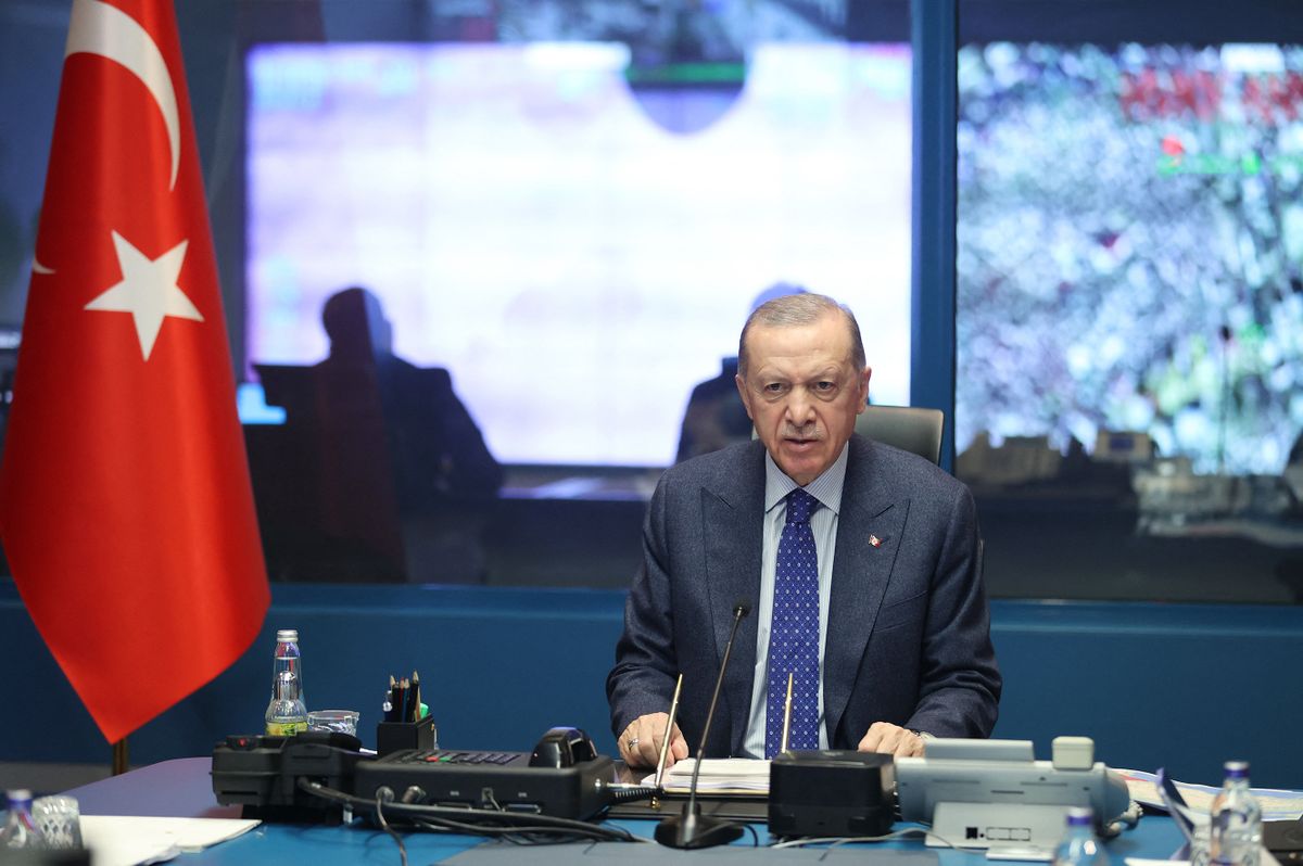 ANKARA, TURKIYE - FEBRUARY 07: Turkish President Recep Tayyip Erdogan speaks to press after 7.7 and 7.6 magnitude earthquakes hit southern provinces of Turkiye, on February 07, 2023 in Ankara, Turkiye. 