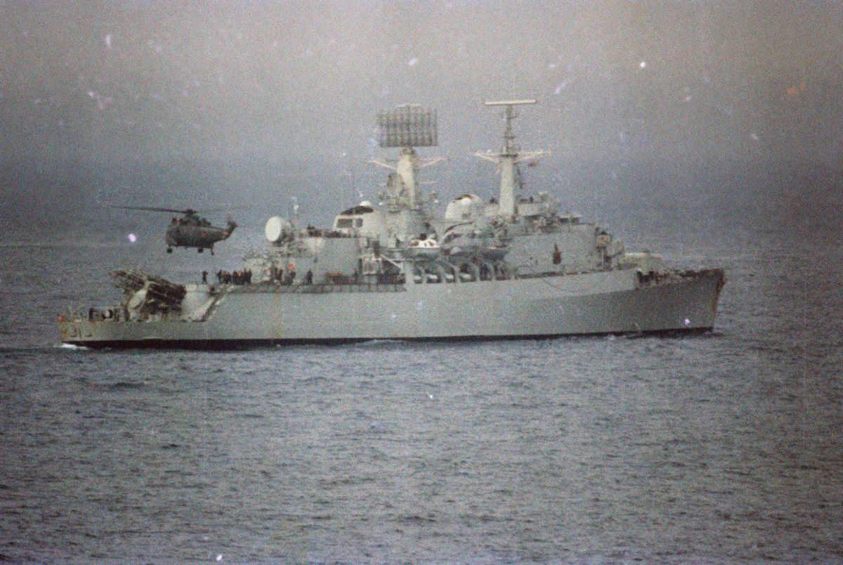 A Royal Navy warship at sea during the Falklands War, May 1982. 