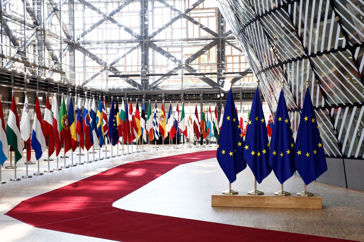 Brussels, Belgium Jun. 28, 2018. EU flags in EU Council building during the EU Summit.