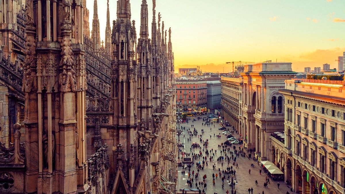 Italy, Lombardy, Milan, Milan Cathedral at sunset
Dome in Milano from above before sunset