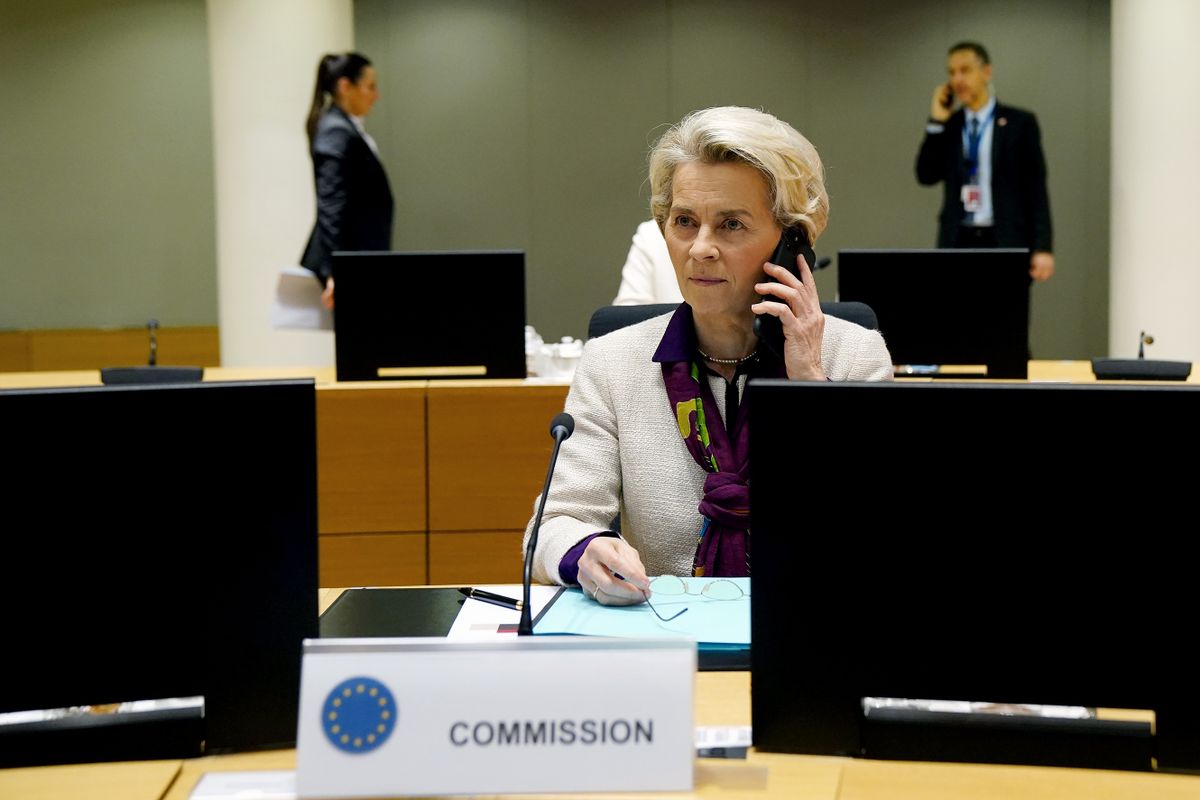 BRUSSELS, BELGIUM - MARCH 24: Ursula von der Leyen President of European Commission speaks on the phone as she attends the European Union Council Meeting on March 24, 2023 in Brussels, Belgium. On the agenda of the Council's two-day meeting are human rights violations in Iran, the deteriorating humanitarian situation in Afghanistan, and food security in Europe. 