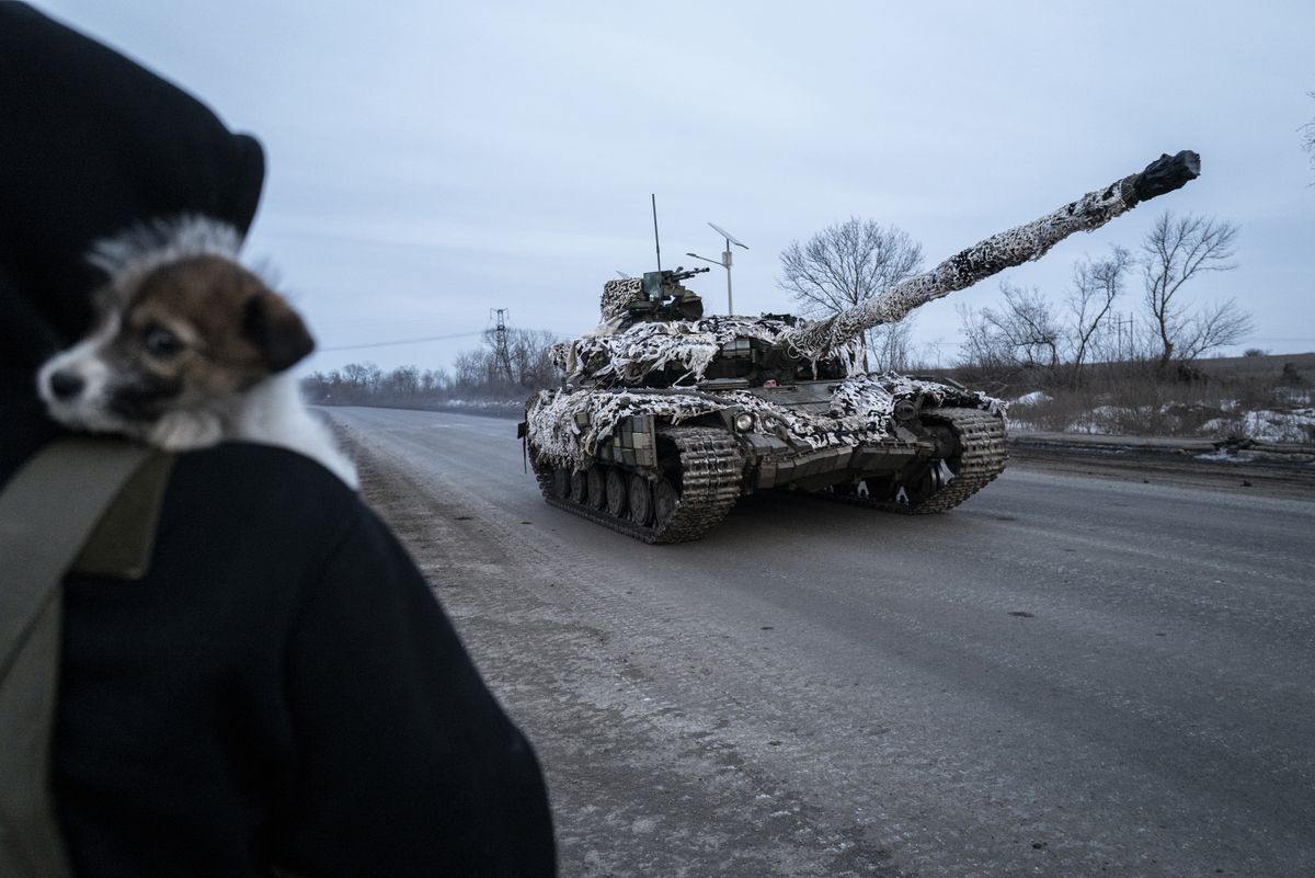 BAKHMUT, UKRAINE - FEBRUARY 24: A military tank moves amid Russia-Ukraine war continues in Bakhmut, Ukraine on February 24, 2023.
