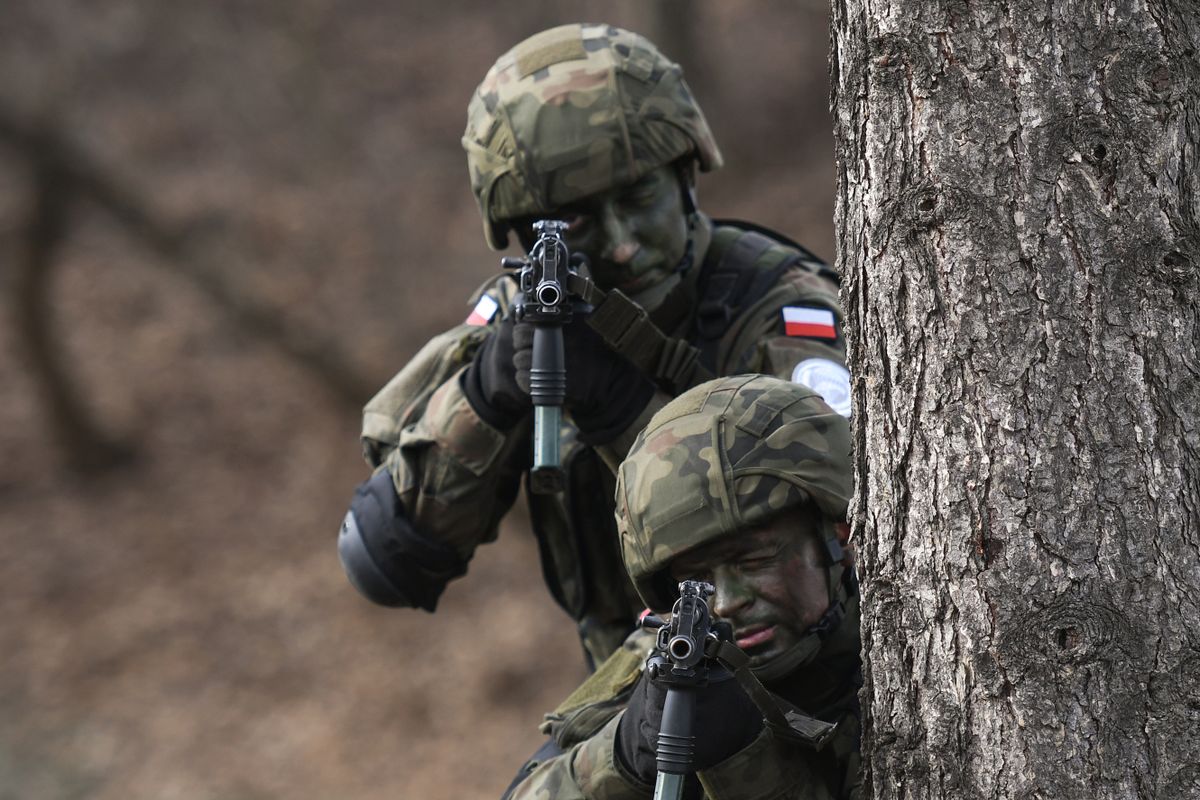 Paratroopers from the 6th Airborne Brigade, from Krakow, during a simulation of a training exercise.Polish Ministry of Defence organise this weekend 20 military picnics throughout the country as a part of the official celebrations of 20th anniversary of Poland's accession to the structures of NATO in 1999. On Thursday, March 7, 2019, in Krakow, Poland. 
