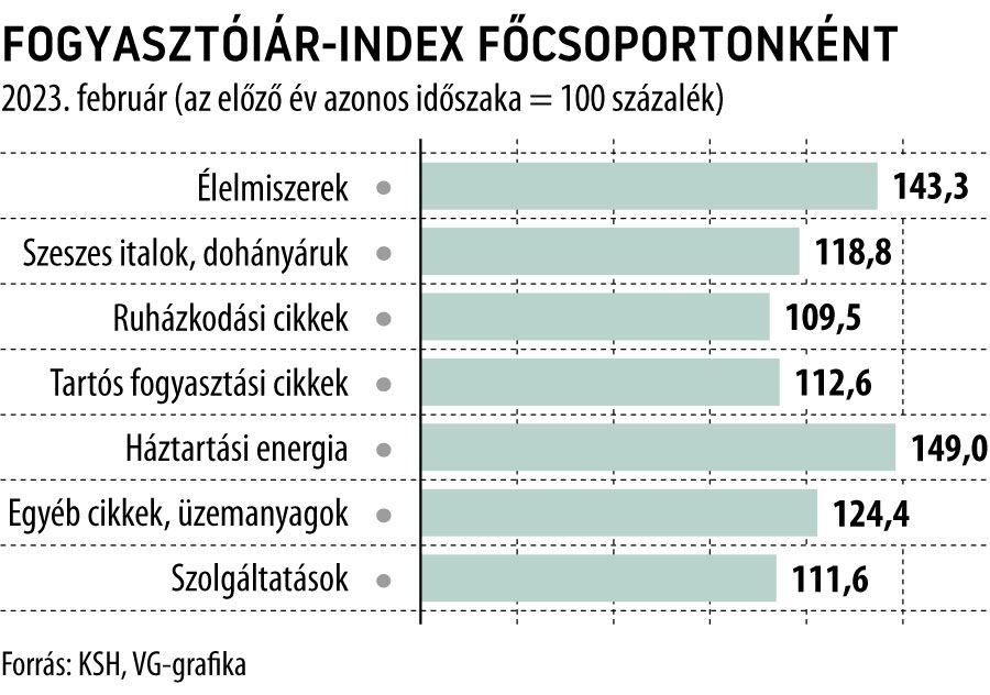 Fogyasztóiár-index főcsoportonként 2023. február

