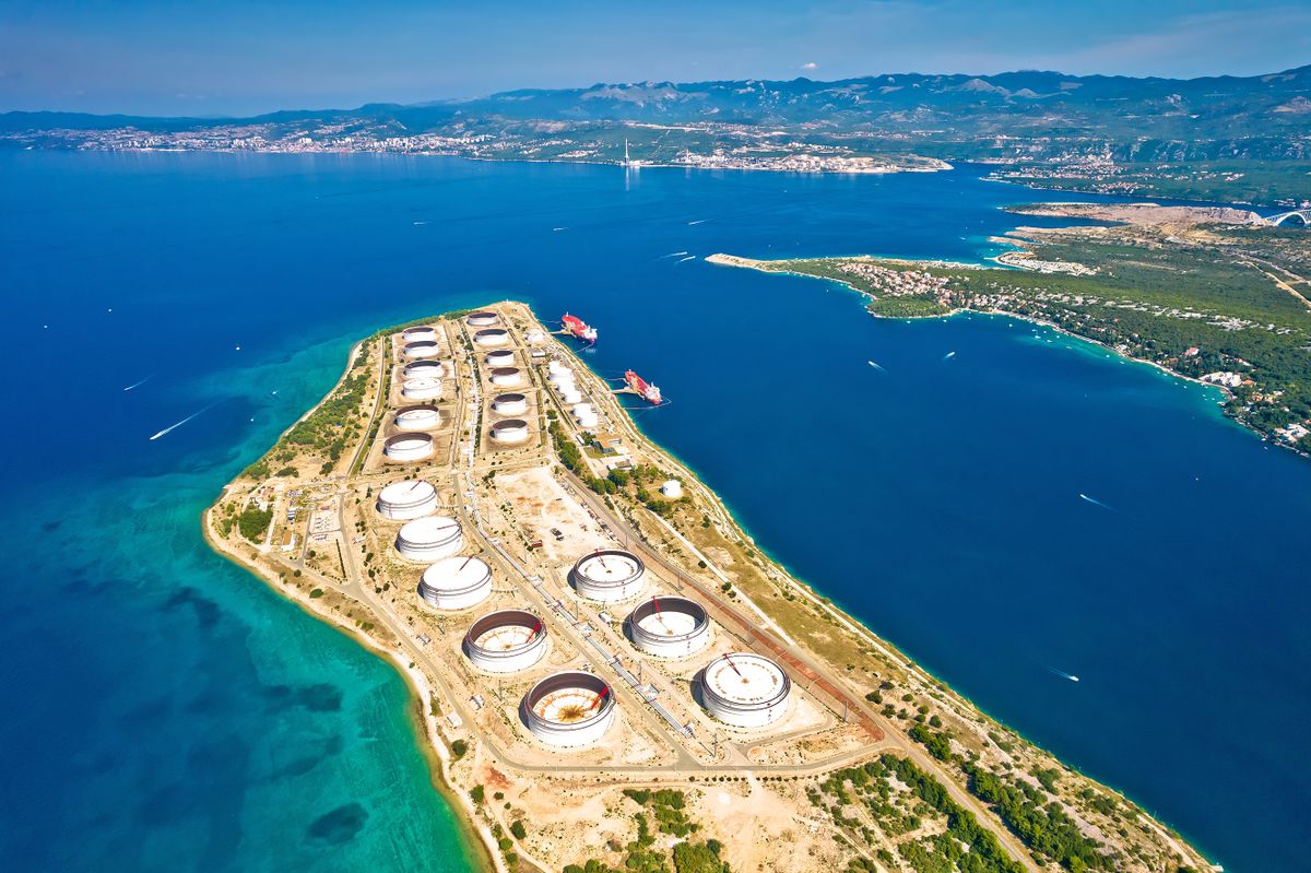 LNG terminal on Krk island aerial view, energy port in Croatia