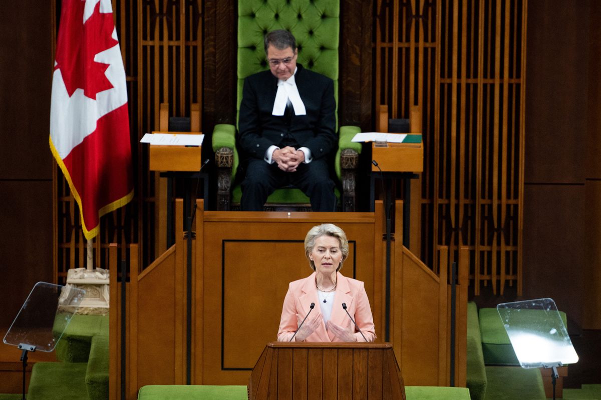 The President of the European Commission Ursula von der Leyen addresses Parliament in the House of Commons on Parliament Hill in Ottawa, Canada, on March 7, 2023. 