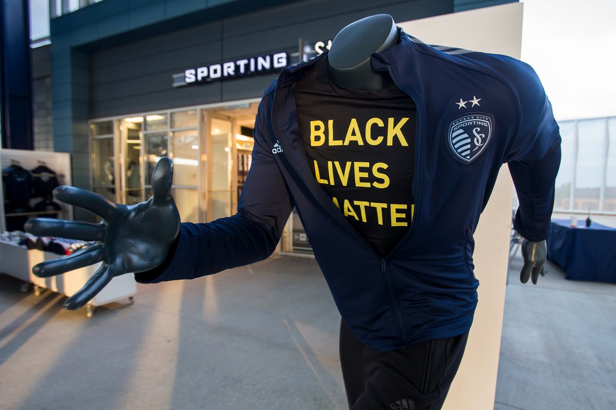 KANSAS CITY, KS - SEPTEMBER 02: A Black Lives Matters and Adidas Cobranded shirt on and SKC mannequin on display prior to the match between Sporting Kansas City and FC Dallas on Wednesday September 2, 2020 at Childrens Mercy Park in Kansas City, KS. 