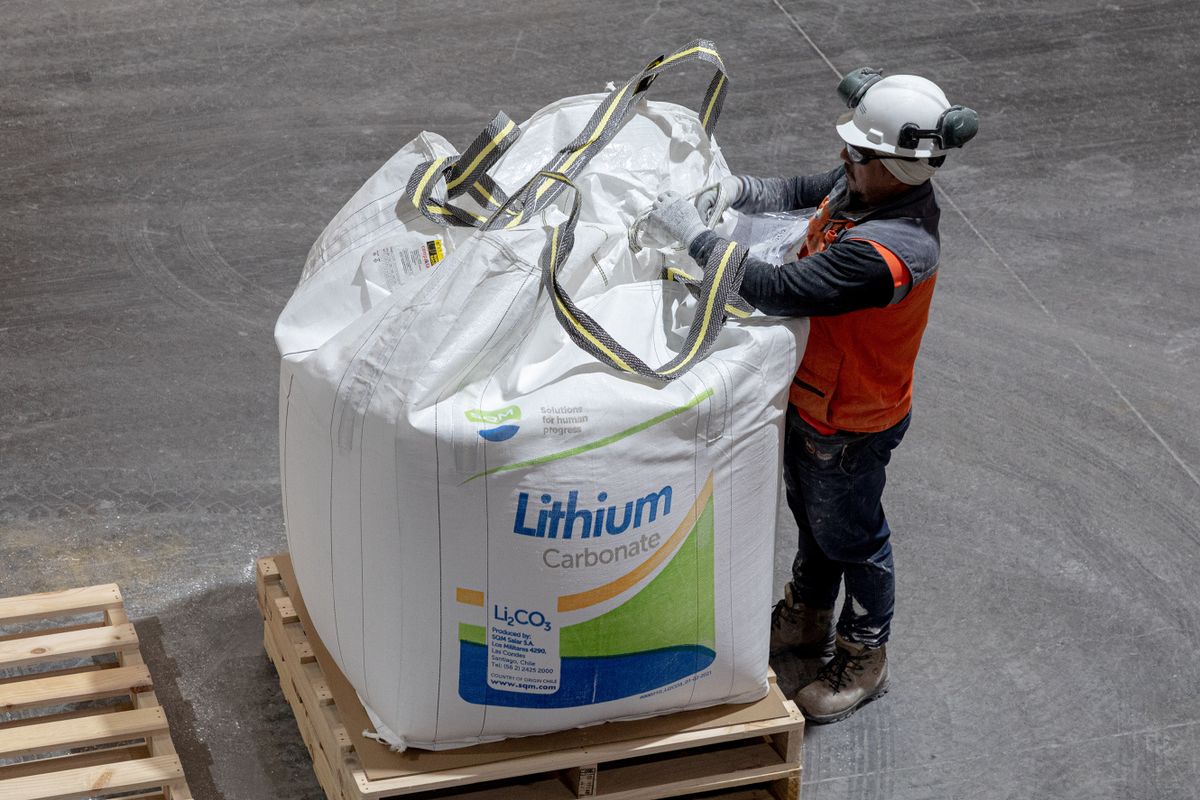 ANTOFAGASTA, CHILE - OCTOBER 25: A worker checks bags containing lithium carbonate powder suitable for batteries to be shipped internationally in Antofagasta, Chile on October 25, 2022. The Chemical and Mining Society of Chile (SQM) is expanding its mining operations in Salar de Atacama to meet the growing global demand for lithium carbonate, the main ingredient in battery production for electric vehicles. Chile is the world's second largest producer of lithium after Australia. 