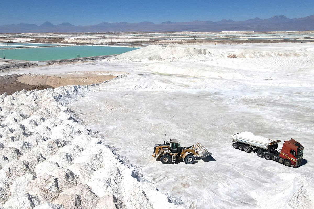 Chile extracts lithium from Atacama desert
SALAR DE ATACAMA, CHILE - OCTOBER 25: A lithium mining machine moves a salt by-product at the mine in the Atacama Desert in Salar de Atacama, Chili on October 25, 2022. The Chemical and Mining Society of Chile (SQM) is expanding its mining operations in Salar de Atacama to meet the growing global demand for lithium carbonate, the main ingredient in battery production for electric vehicles. Chile is the world's second largest producer of lithium after Australia. Lucas Aguayo Araos / Anadolu Agency (Photo by Lucas Aguayo Araos / ANADOLU AGENCY / Anadolu Agency via AFP)