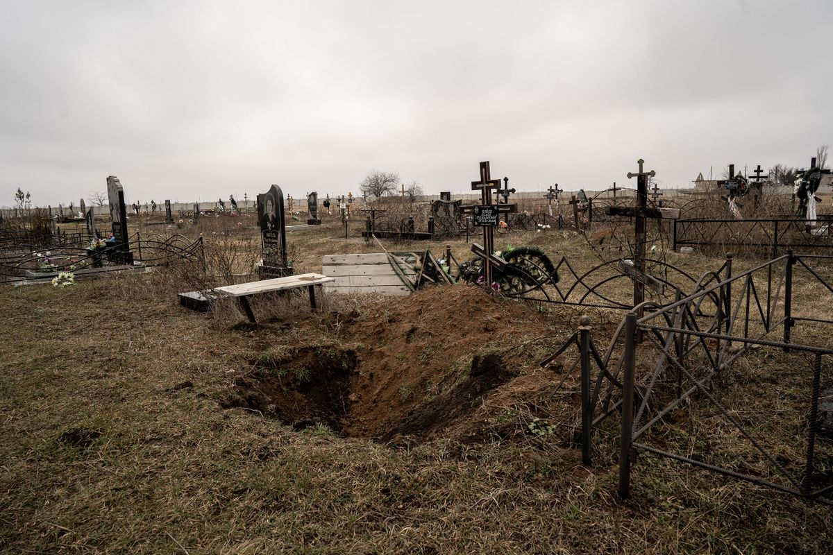 MIKOLAIV OBLAST, UKRAINE - FEBRUARY 26: A view of the missile crater at a cemetery as military mobility continues within the Russian-Ukrainian war in Shevchenkove village of Mykolaiv Oblast, Ukraine on February 26, 2023. 