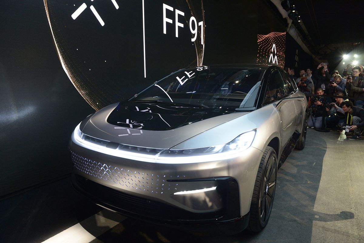 CES Consumer Technology Show in Las Vegas
Start-up Faraday Future presents its first production model, the FF91 electric car, at the CES consumer technology show in Las Vegas, USA, 3 January 2017. The car is expected to be ready for delivery from 2018. Photo: Andrej Sokolow/dpa | usage worldwide   (Photo by Andrej Sokolow/picture alliance via Getty Images)