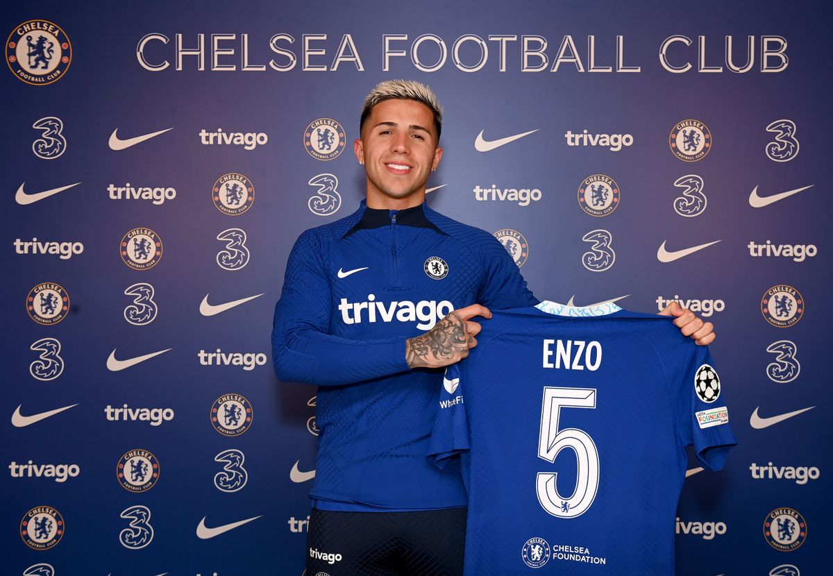 COBHAM, ENGLAND - FEBRUARY 01: Chelsea unveil new signing Enzo Fernandez at Chelsea Training Ground on February 1, 2023 in Cobham, England. 