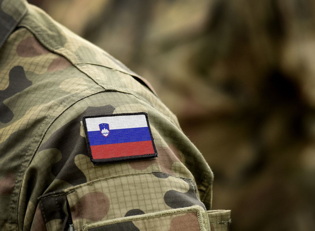 Flag of Slovenia  on military uniform. Army, armed forces, soldiers. Collage.