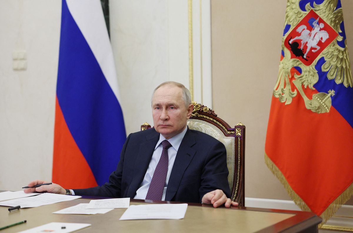 Russian President Vladimir Putin launches a number of pharmaceutical facilities in Russia via a video link at the Kremlin in Moscow on March 30, 2023. 