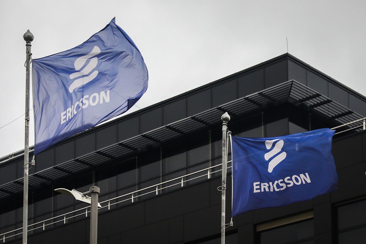 Big Companies Business Operations Centers In Krakow Flags in front of Ericsson Research and Development Center in Krakow, Poland on February 22, 2022. (Photo by Beata Zawrzel/NurPhoto via Getty Images)