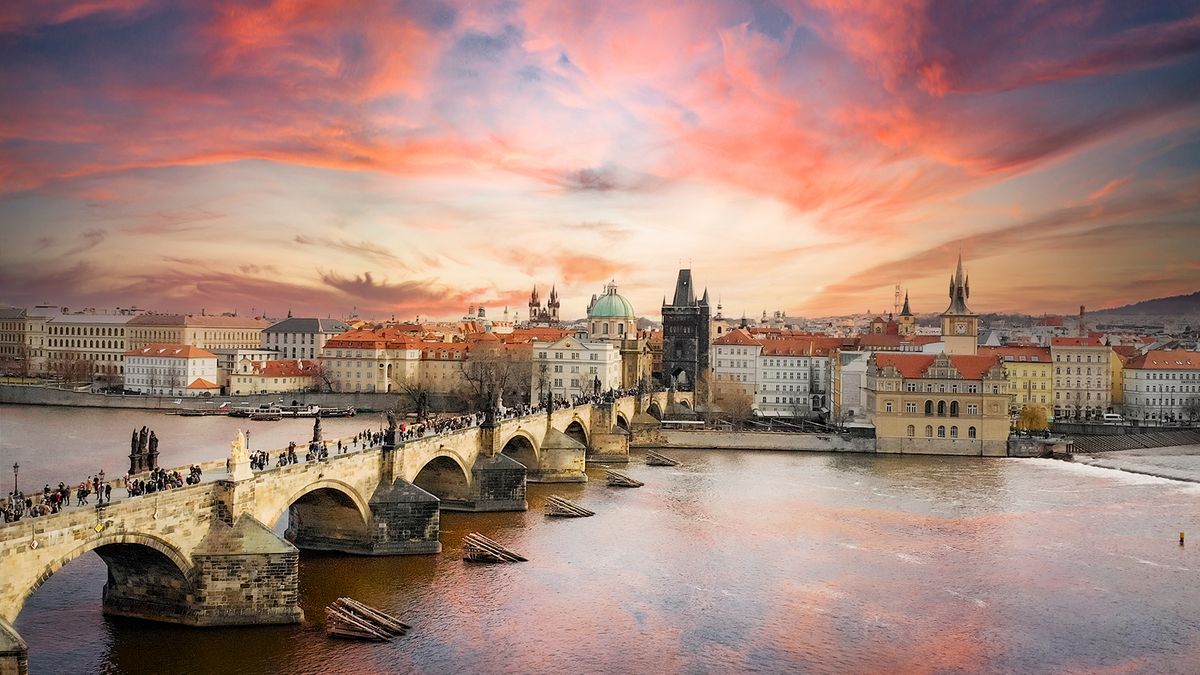 Prague Sunset, capital city of the Czech Republic, is bisected by the Vltava River. Europe EU