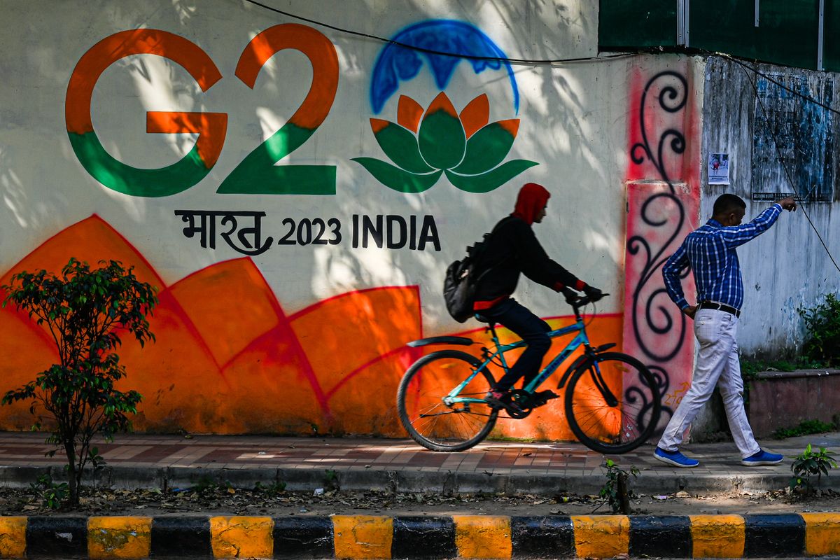 Signage of Group of 20 (G-20) in New Delhi, India, on Thursday, March 2, 2023. Russias war in Ukraine is expected to dominate discussions at the Group of 20 foreign ministers meeting started on Wednesday in New Delhi as the conflict enters its second year. 