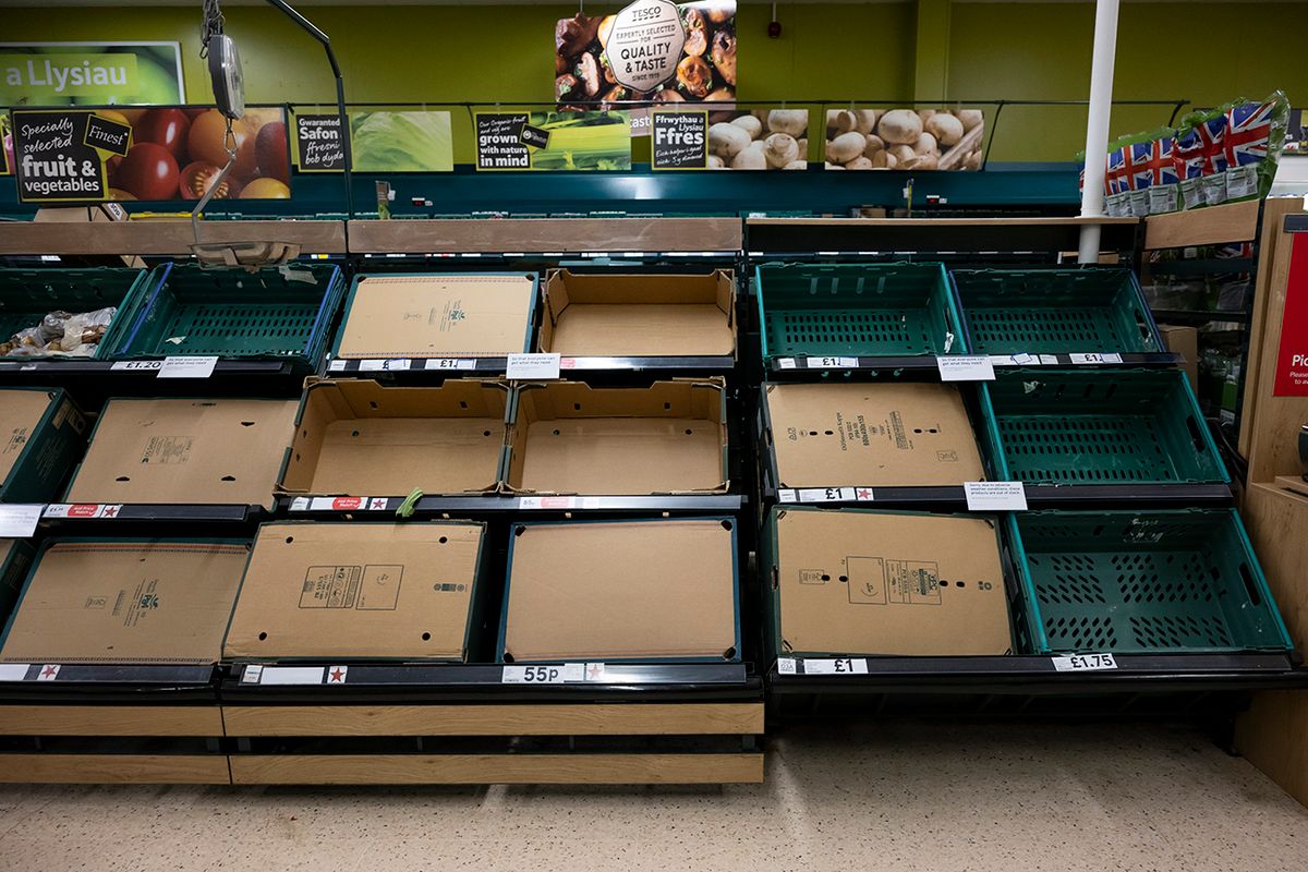 Bad Weather To Blame For Fresh Veg Shortage
CARDIFF, WALES - FEBRUARY 22: Empty fruit and vegetable shelves in a supermarket on February 22, 2023 in Cardiff, Wales. Aldi, Asda, Morrisons and Tesco have placed limits on the number of tomatoes, cucumbers and peppers customers can purchase due to shortages. The UK government has said this is due to extreme weather in Spain and north Africa which has affected harvests. (Photo by Matthew Horwood/Getty Images)