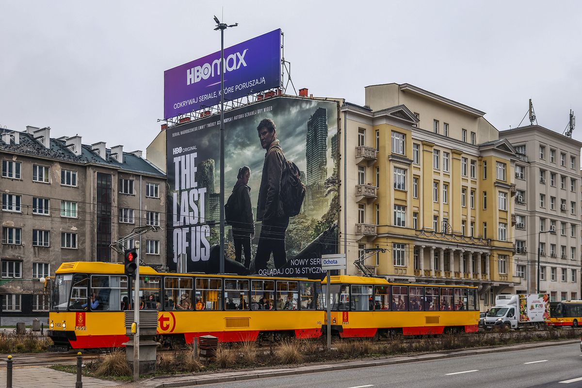 HBO The Last Of Us Billboard In Warsaw HBO's 'The Last of Us' TV series huge advertising banner is seen in the city center in Warsaw, Poland on January 19, 2023. The show is an American post-apocalyptic drama television series created by Craig Mazin and based on the 2013 video game. (Photo by Beata Zawrzel/NurPhoto via Getty Images)