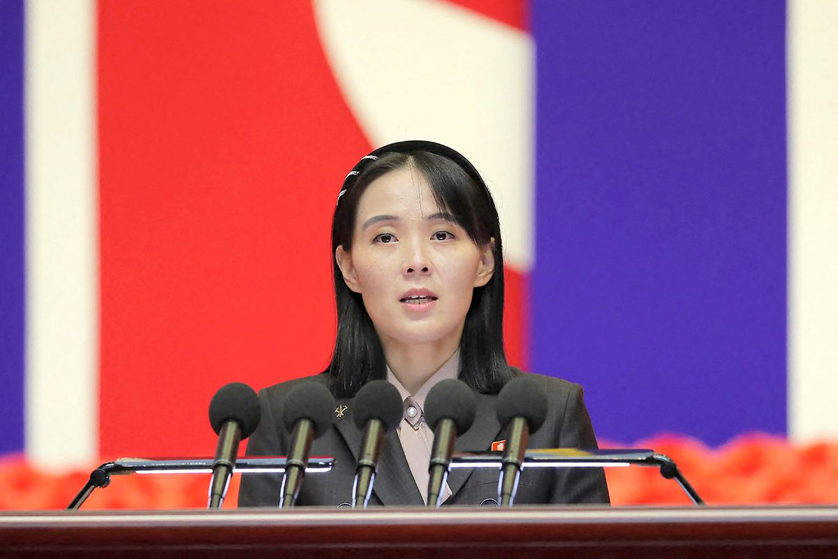 This picture taken on August 10, 2022 and released from North Korea's official Korean Central News Agency (KCNA) on August 14, 2022 shows Kim Yo Jong, the sister of North Korea's leader Kim Jong Un, speaking at the National Emergency Prevention General Meeting in Pyongyang. - North Korean leader Kim Jong Un declared a "shining victory" over Covid-19 as his sister revealed he had fallen ill during the outbreak, which she blamed on Seoul, state media said on August 11. (Photo by KCNA VIA KNS / AFP) / South Korea OUT / REPUBLIC OF KOREA OUT---EDITORS NOTE--- RESTRICTED TO EDITORIAL USE - MANDATORY CREDIT "AFP PHOTO/KCNA VIA KNS" - NO MARKETING NO ADVERTISING CAMPAIGNS - DISTRIBUTED AS A SERVICE TO CLIENTS - THIS PICTURE WAS MADE AVAILABLE BY A THIRD PARTY. AFP CAN NOT INDEPENDENTLY VERIFY THE AUTHENTICITY, LOCATION, DATE AND CONTENT OF THIS IMAGE --- /
