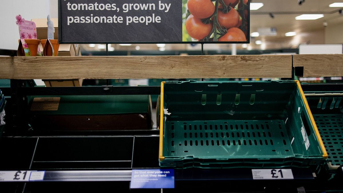 Empty shelves of fresh tomatoes are seen in a Tesco