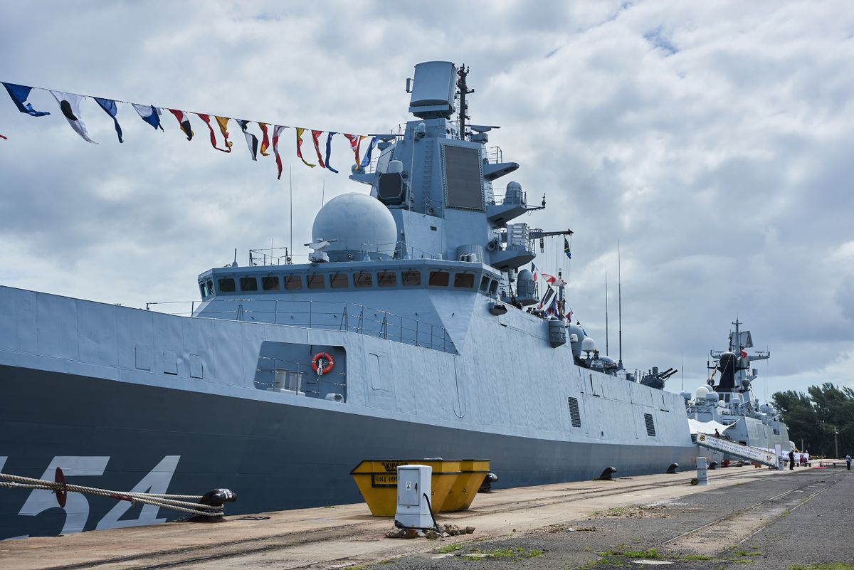 The Russian frigate Admiral Gorshkov, left, and the Chinese frigate Rizhao 598, ahead of naval drills between Russia, South Africa and China, in Richards Bay, South Africa, on Wednesday, Feb. 22, 2023. The exercises, known as MOSI II, have been criticized by some of South Africas biggest trade partners, including the US and European Union, who have questioned the timing of the exercises, which take place one year after Russia launched its invasion of Ukraine.  