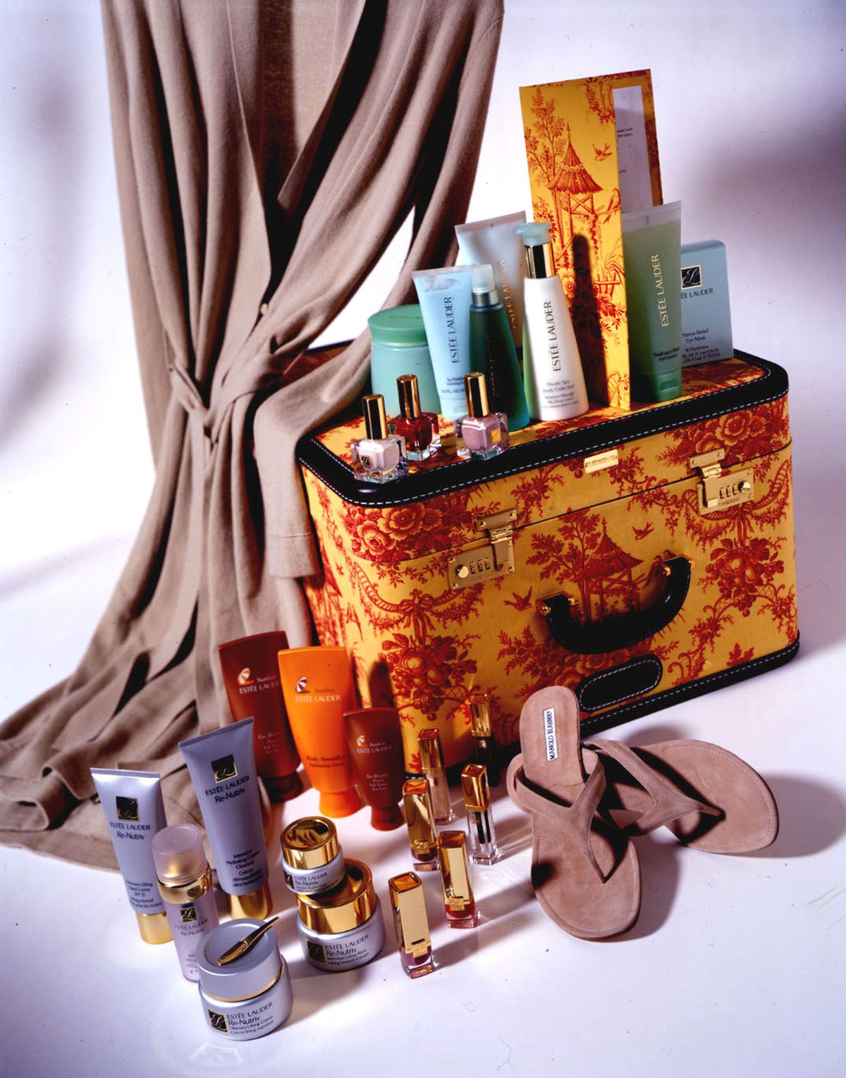 402224 04: Estee Lauder will present the "mobile" Oscar Spa to the Best Actress and Supporting Actress nominees. The gift includes a custom designed T. Anthony toile suitcase, $1,500 of new Estee Lauder products, a TSE cashmere robe and Manolo Blahnik suede sandals.
