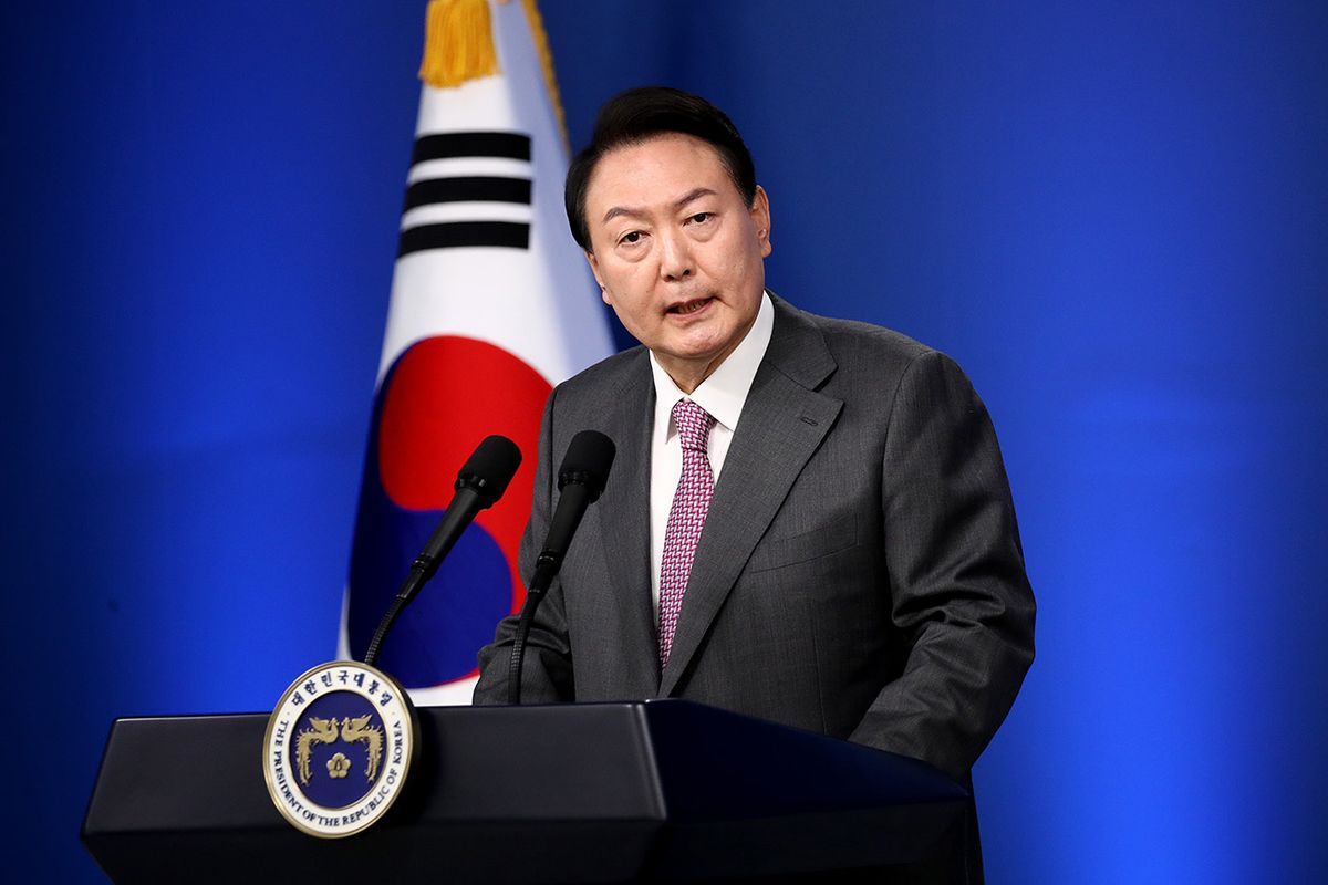 South Korean President Yoon Marks First 100 Days In Office
SEOUL, SOUTH KOREA - AUGUST 17: South Korean President Yoon Suk-yeol delivers a speech during his news conference to mark his first 100 days in office at the presidential office on August 17, 2022 in Seoul, South Korea. Yoon said Wednesday that South Korea cannot provide North Korea with security guarantees, but he does not want the status quo changed "unreasonably or by force." (Photo by Chung Sung-Jun/Getty Images)