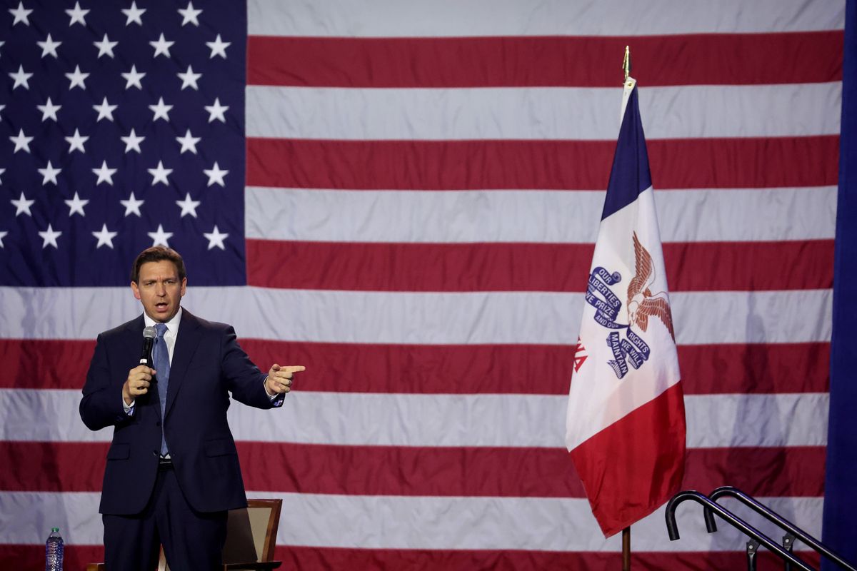 DES MOINES, IOWA - MARCH 10: Florida Gov. Ron DeSantis speaks to Iowa voters during an event at the Iowa State Fairgrounds on March 10, 2023 in Des Moines, Iowa. DeSantis, who is widely expected to seek the 2024 Republican nomination for president, is one of several Republican leaders visiting the state this month.   (Photo by Scott Olson/Getty Images)DES MOINES, IOWA - MARCH 10: Florida Gov. Ron DeSantis speaks to Iowa voters during an event at the Iowa State Fairgrounds on March 10, 2023 in Des Moines, Iowa. DeSantis, who is widely expected to seek the 2024 Republican nomination for president, is one of several Republican leaders visiting the state this month. 