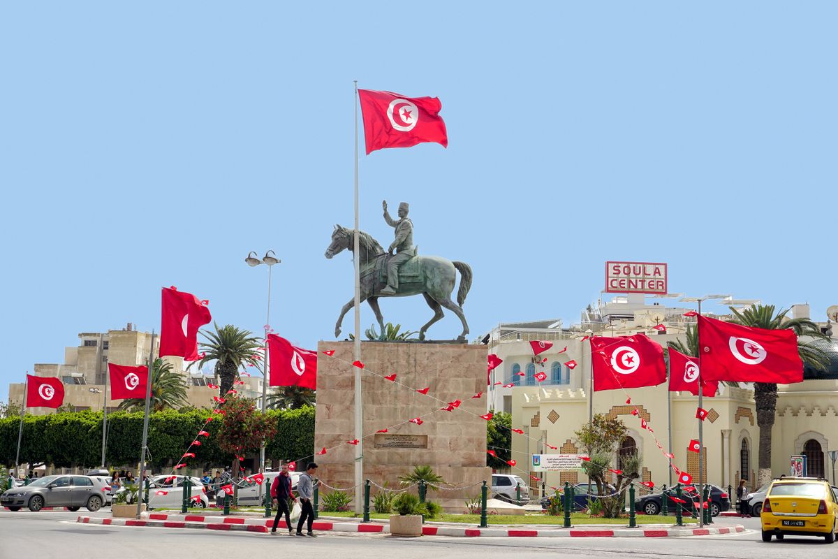 SOUSSE, TUNISIA - APRIL 9: The square with the monument to Habib Bourguiba near the Medina of Sousse, Tunisia on April 8, 2018.
