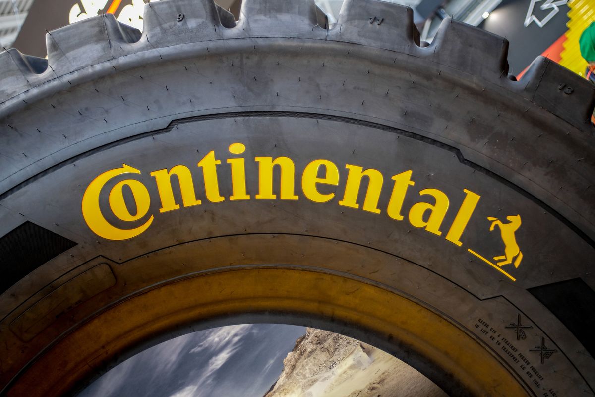Munich, Germany - April 05 2019: Yellow Continental Logo on a big tyre during Bauma exhibition