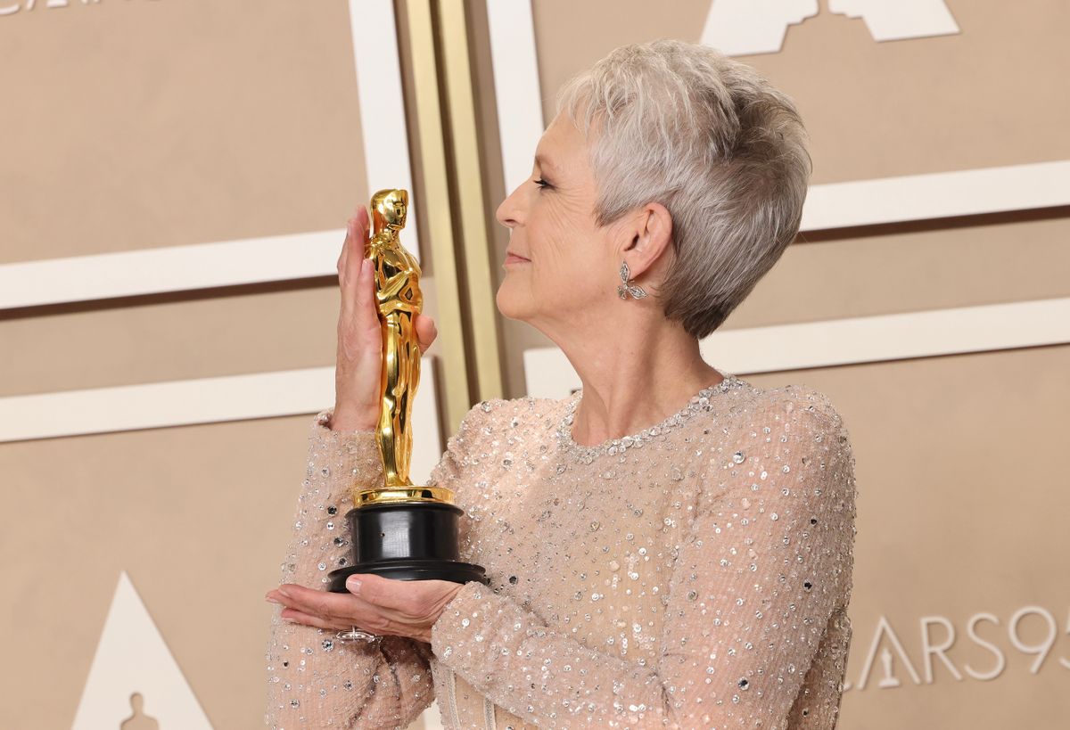 HOLLYWOOD, CALIFORNIA - MARCH 12: Jamie Lee Curtis,  winner of Best Actress in a Supporting Role award for ‘Everything Everywhere All at Once’ poses in the press room during the 95th Annual Academy Awards at Ovation Hollywood on March 12, 2023 in Hollywood, California. 