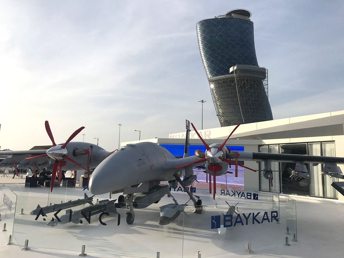 IDEX and NAVDEX 2023 international defense exhibition in Abu Dhabi
ABU DHABI, UNITED ARAB EMIRATES - FEBRUARY 21: Baykar Bayraktar Akinci, a high-altitude long-endurance (HALE) unmanned combat aerial vehicle (UCAV), manufactured by the Turkish defence company Baykar, on display during the 16th edition of International Defence Exhibition and Conference (IDEX) and the 7th edition of the Naval Defence and Maritime Security Exhibition (Navdex) in Abu Dhabi, United Arab Emirates, February 21 2023. IDEX is the largest joint defence exhibition in the Middle East and North Africa (MENA) region, it is running from 20 untill 24 February 2023. Goksel Yildirim / Anadolu Agency (Photo by Goksel Yildirim / ANADOLU AGENCY / Anadolu Agency via AFP)