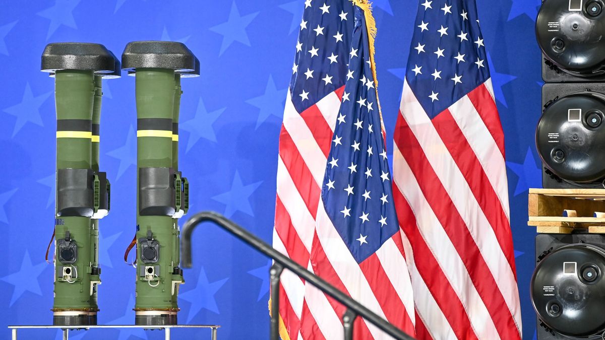 TROY, AL - MAY 03: Javelin anti-tank missiles serve as a backdrop for U.S. President Joe Biden's speech to employees at Lockheed Martin, a facility which manufactures them, on May 3, 2022 in Troy, Alabama. The Biden-Harris Administration is providing these weapons to Ukraine to defend against the Russian invasion. 