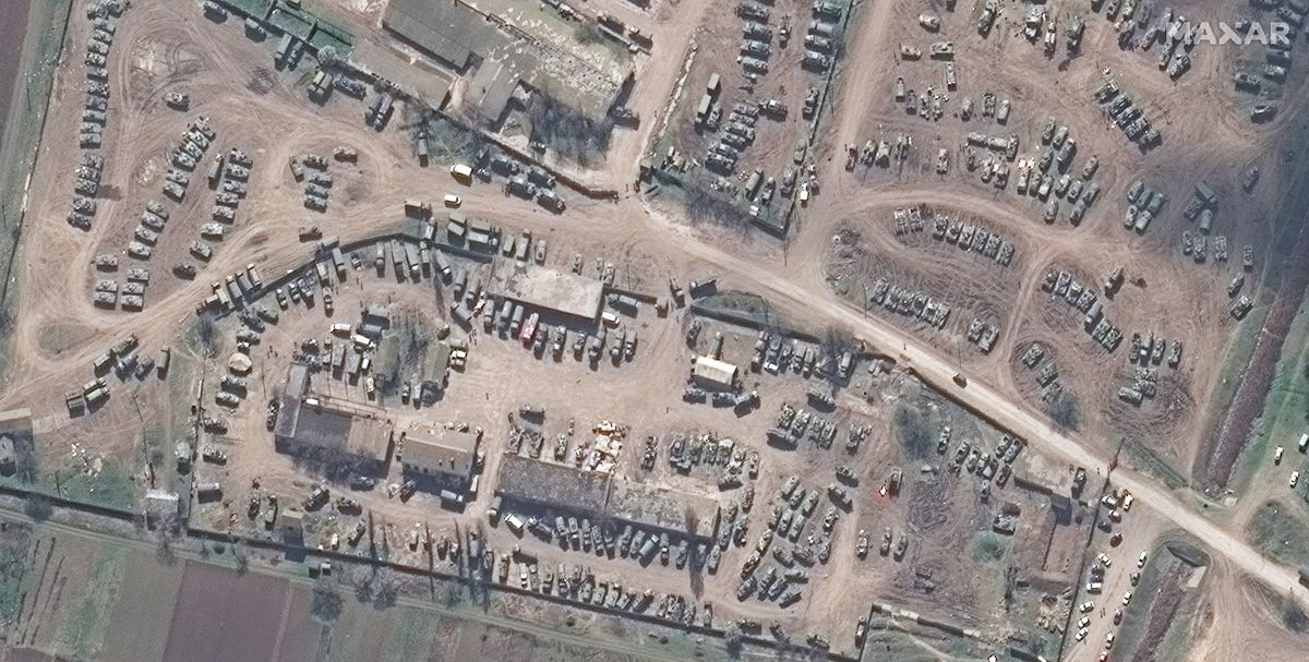 RUSSIANS INVADE UKRAINE -- APRIL 6, 2022:  16 Maxar satellite imagery closer view of assortment of armored vehicle in Dzhankoi, Crimea.  6april2022.  Please use: Satellite image (c) 2022 Maxar Technologies.