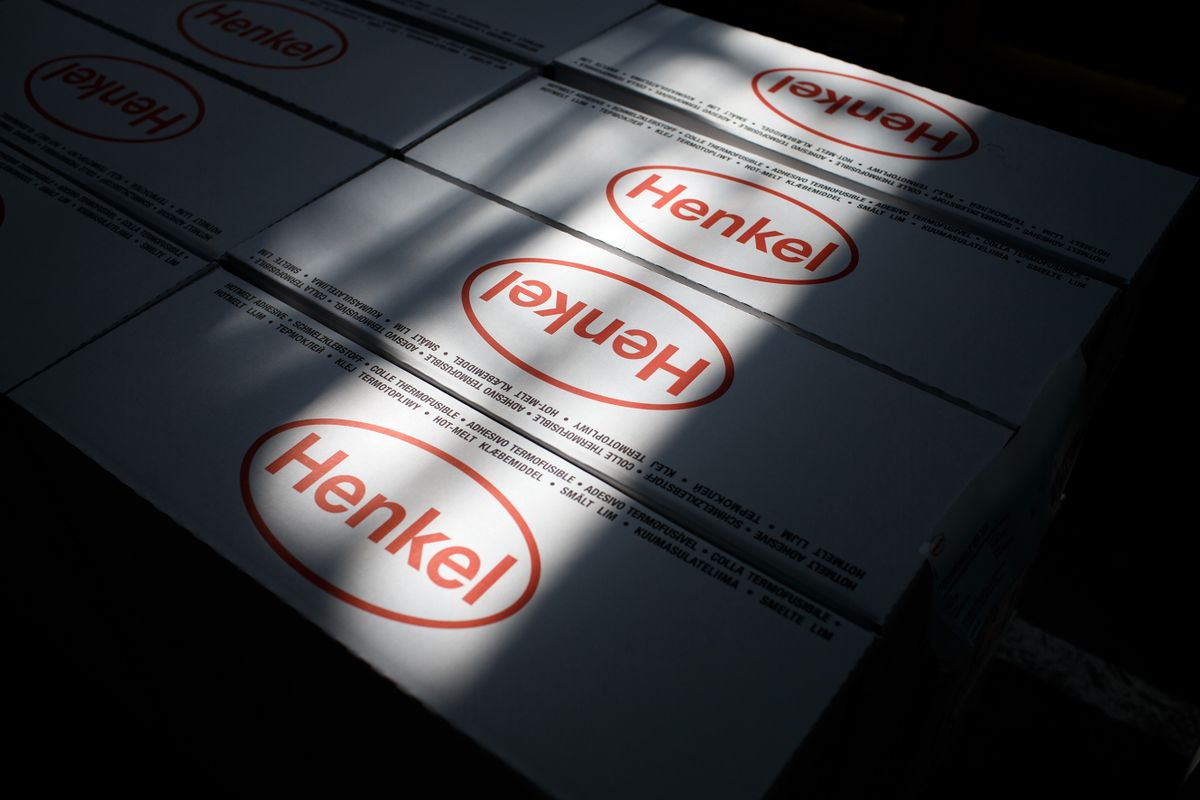 The Henkel logo sits on boxes of Hot Melt adhesive ahead of shipping from the Henkel AG headquarters in Dusseldorf, Germany, on Friday, Sept. 12, 2014. Henkel, the German maker of Loctite glue and Persil laundry detergent, said earnings growth will slow in the second half as Russia's dispute with Ukraine and military battles in the Middle East harm business.  