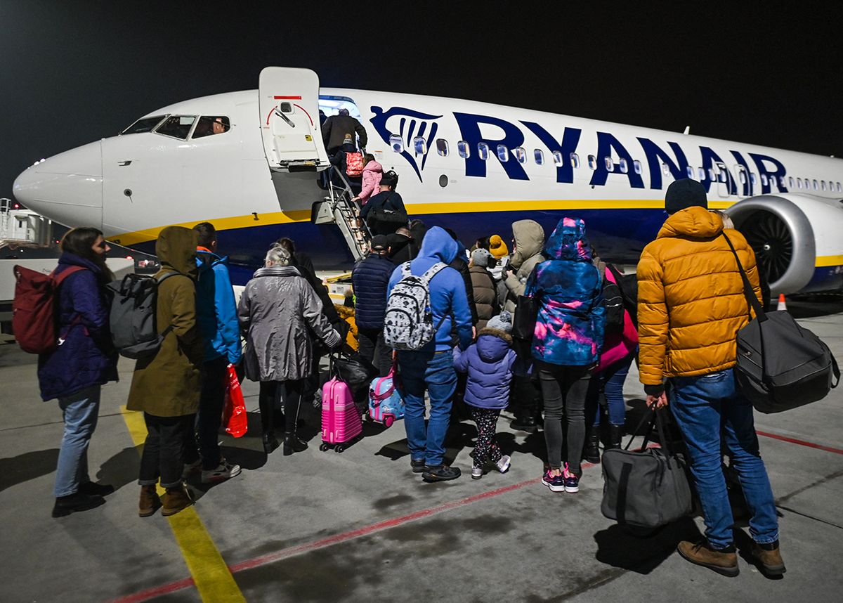 Another Record For The Rzeszow-Jasionka Airport JASIONKA, POLAND - FEBRUARY 10: Passengers waiting to board a Ryanair plane at the Rzeszow-Jasionka International Airport, in Jasionka, Poland, on February 10, 2023.In January, 57,500 passengers were checked in at the airport in Jasionka, which is a better result than the best result so far in January 2019. The largest number of passengers used Ryanair airline (27,000). (Photo by Artur Widak/NurPhoto) (Photo by Artur Widak / NurPhoto / NurPhoto via AFP)