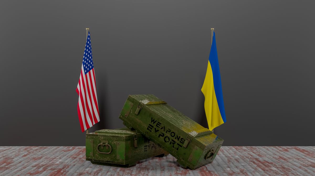 Delivery of weapons from USA to Ukraine, package of military aid, flag USA and Ukraine, 3D work and 3D image