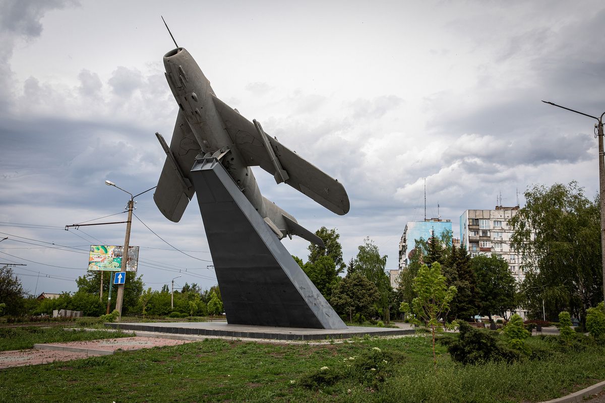 A view of a statue of a soviet warplane in Bakhmut in the