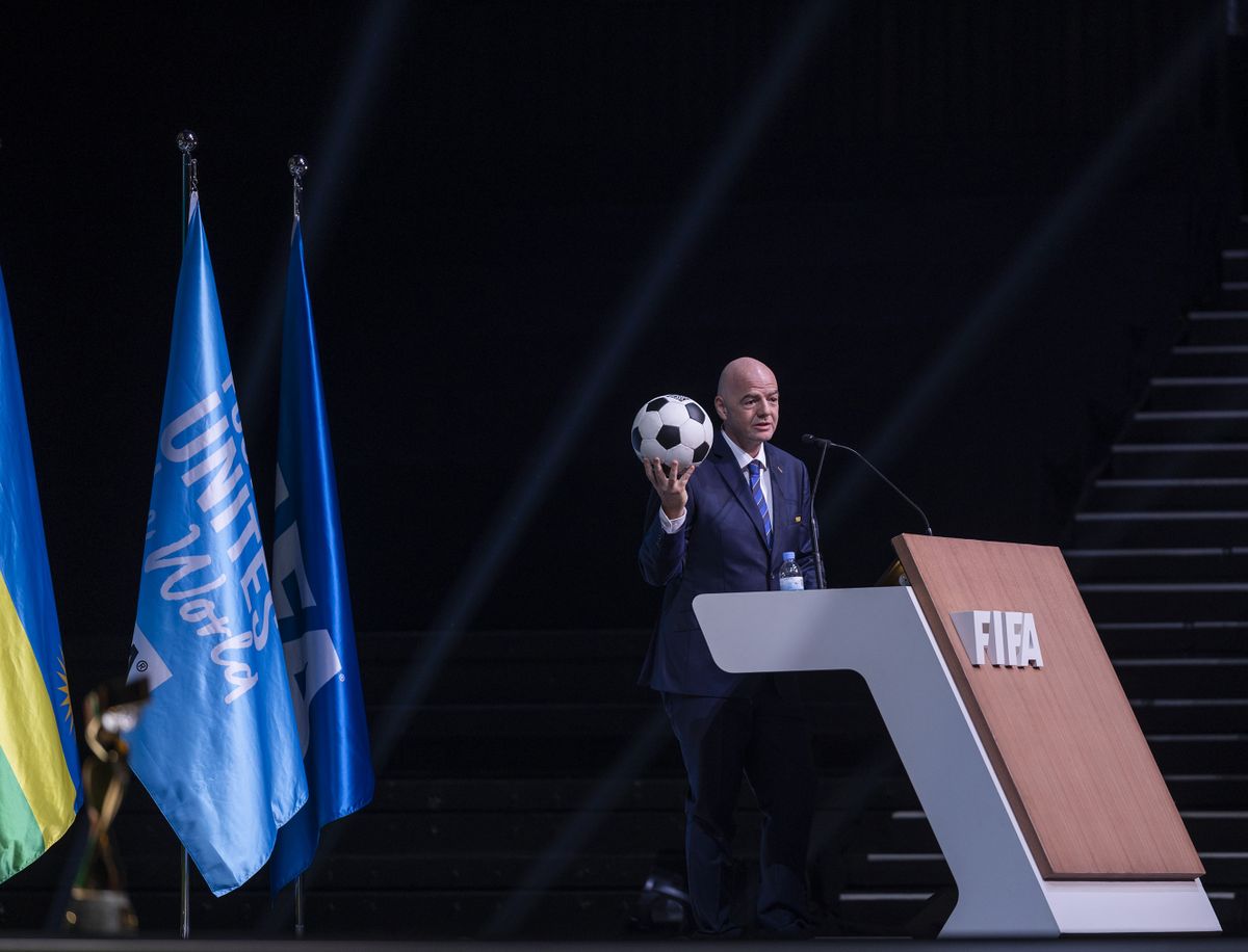 KIGALI, RWANDA - MARCH 16: (----EDITORIAL USE ONLY â MANDATORY CREDIT - " RWANDAN PRESIDENCY / HANDOUT" - NO MARKETING NO ADVERTISING CAMPAIGNS - DISTRIBUTED AS A SERVICE TO CLIENTS----) FIFA President Gianni Infantino speaks at the 73rd FIFA Congress at BK Arena on March 16, 2023 in Kigali, Rwanda on March 16, 2023. 