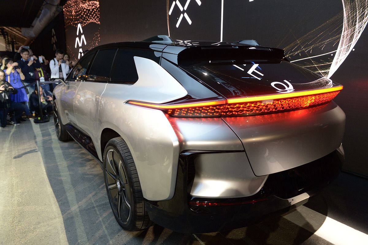 CES Consumer Technology Show in Las Vegas
Start-up Faraday Future presents its first production model, the FF91 electric car, at the CES consumer technology show in Las Vegas, USA, 3 January 2017. The car is expected to be ready for delivery from 2018. Photo: Andrej Sokolow//dpa | usage worldwide   (Photo by Andrej Sokolow/picture alliance via Getty Images)