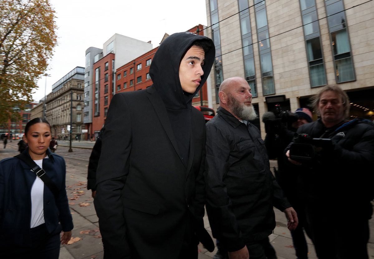 MANCHESTER, ENGLAND - NOVEMBER 21: Manchester United footballer, Mason Greenwood arrives for the first day of his trial at Manchester's Minshull Street Crown Court on November 21, 2022 in Manchester, England. Manchester United striker Mason Greenwood appears in court on 21 November 2022, and charged with attempted rape, engaging in controlling and coercive behaviour and assault occasioning actual bodily harm. 