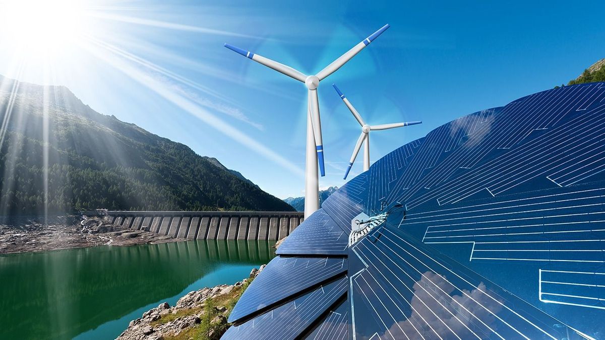 Renewable,Energy,-,Sunlight,With,Solar,Panel.,Wind,With,Wind
Renewable Energy - Sunlight with solar panel. Wind with wind turbines. Rain with dam for hydropower