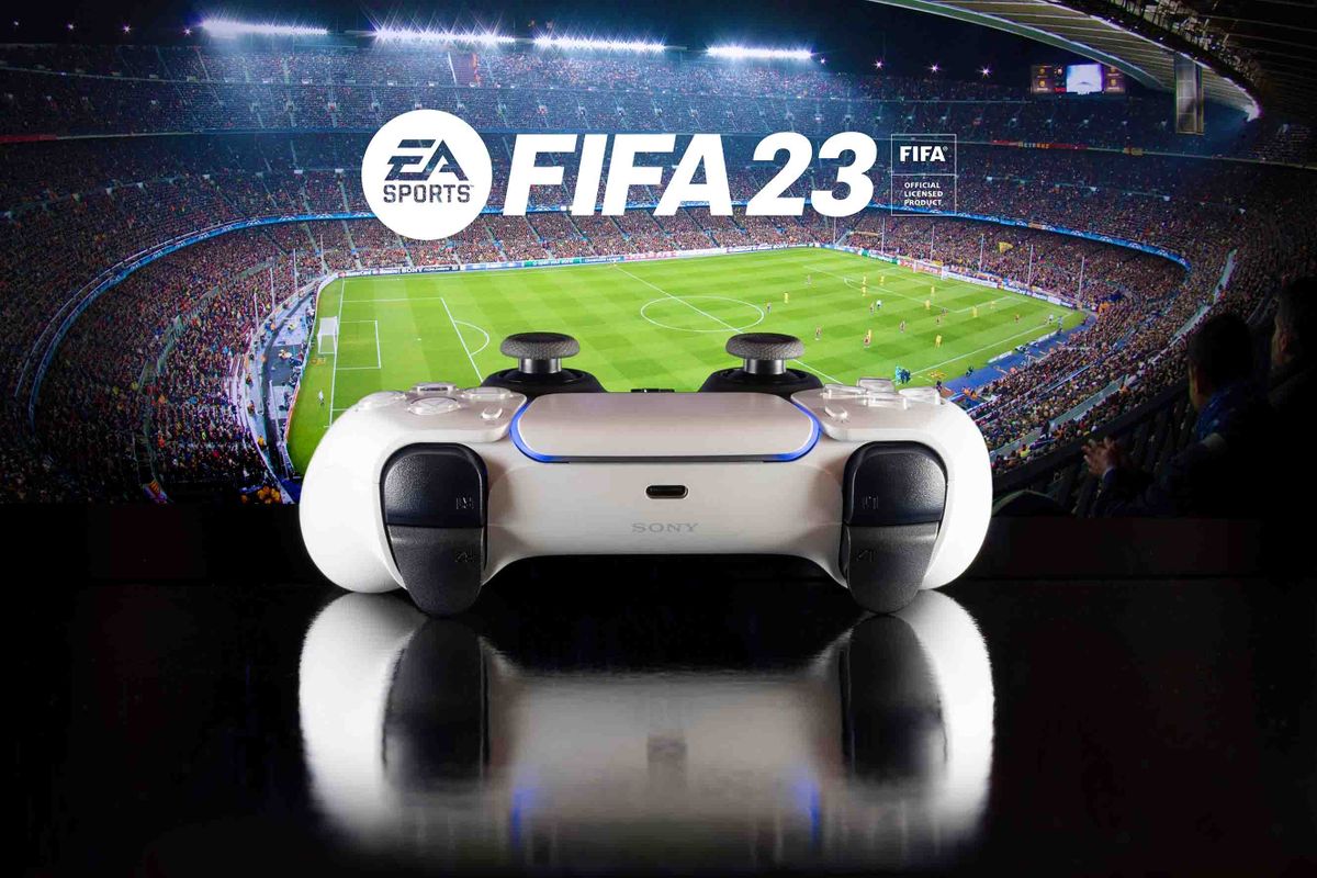 Playstation 5 controller with FIFA 23 logo background - 10 jan, 2023, Sao Paulo, Brazil