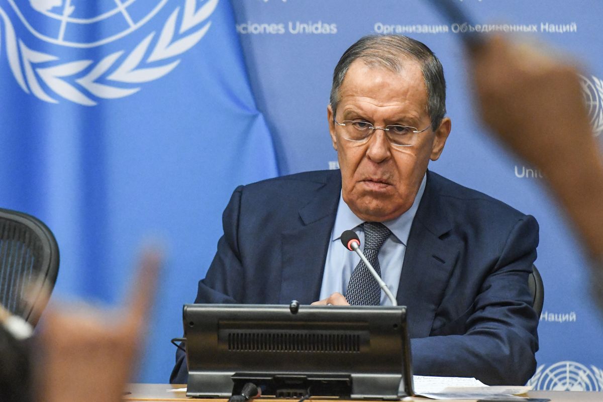 NEW YORK, NY - SEPTEMBER 24 : Russian Foreign Minister Sergey Lavrov holds a press conference during the 77th session of the United Nations General Assembly (UNGA) at U.N. headquarters on September 24, 2022 in New York City. After two years of holding the session virtually or in a hybrid format, 157 heads of state and representatives of government are expected to attend the General Assembly in person