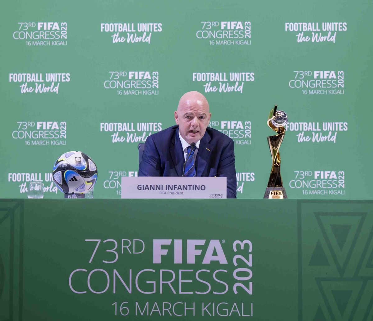 KIGALI, RWANDA - MARCH 16: (----EDITORIAL USE ONLY â MANDATORY CREDIT - "GOVERNMENT OF RWANDA / HANDOUT" - NO MARKETING NO ADVERTISING CAMPAIGNS - DISTRIBUTED AS A SERVICE TO CLIENTS----) FIFA President Gianni Infantino speaks as he holds a press conference within the 73rd FIFA Congress, in Kigali, Rwanda on March 16, 2023.