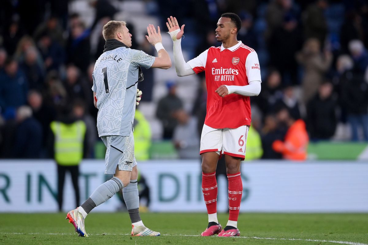 LEICESTER, ENGLAND - FEBRUARY 25: Aaron Ramsdale and Gabriel of Arsenal celebrate victory after the Premier League match between Leicester City and Arsenal FC at The King Power Stadium on February 25, 2023 in Leicester, England. (Photo by 